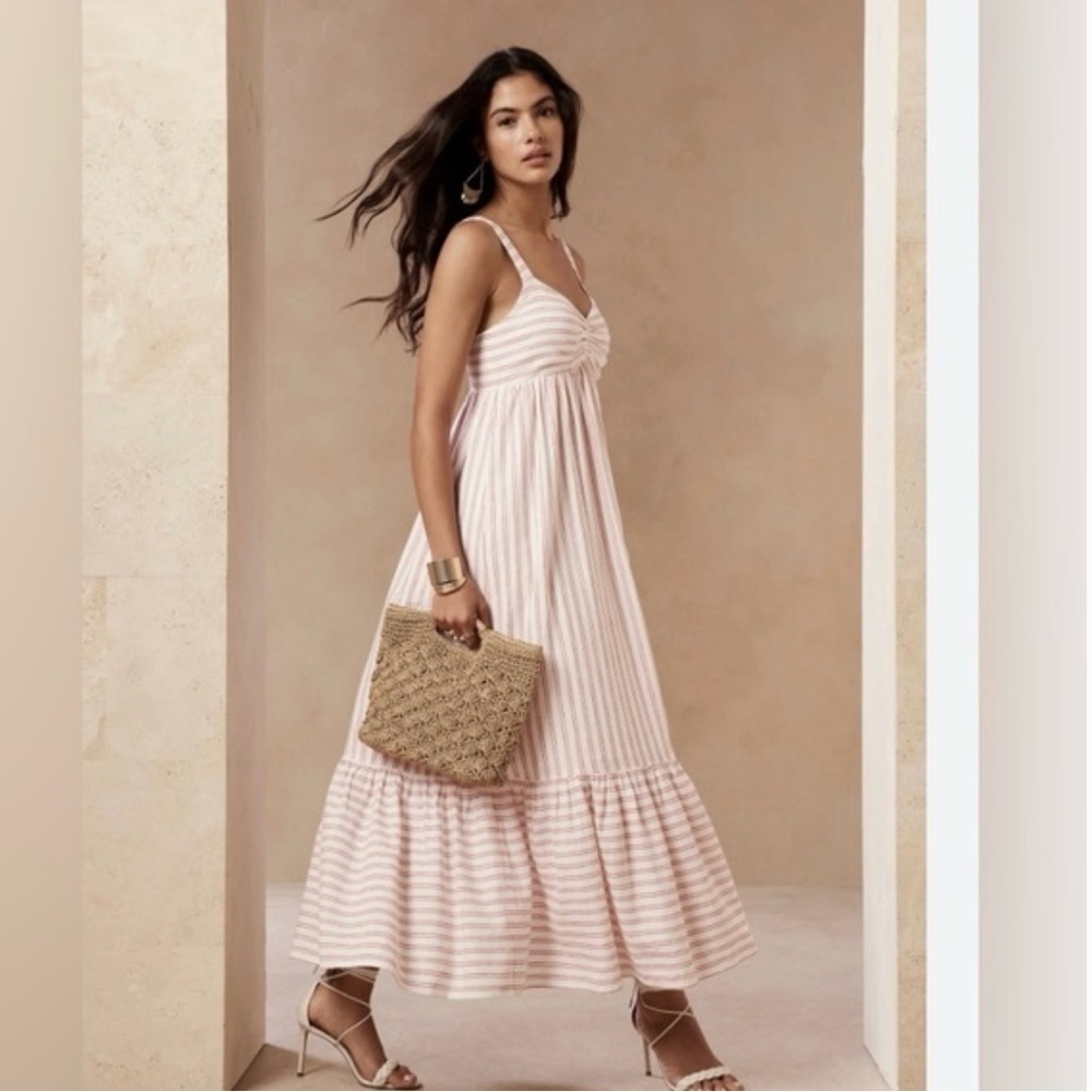 Banana Republic Cream Red Stripe Linen Maxi Dress. NWT. Size Large Petite.